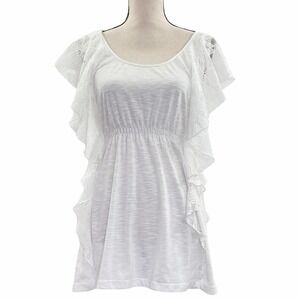 SOLID White Short Flutter Sleeve Elastic Waist Tunic Blouse